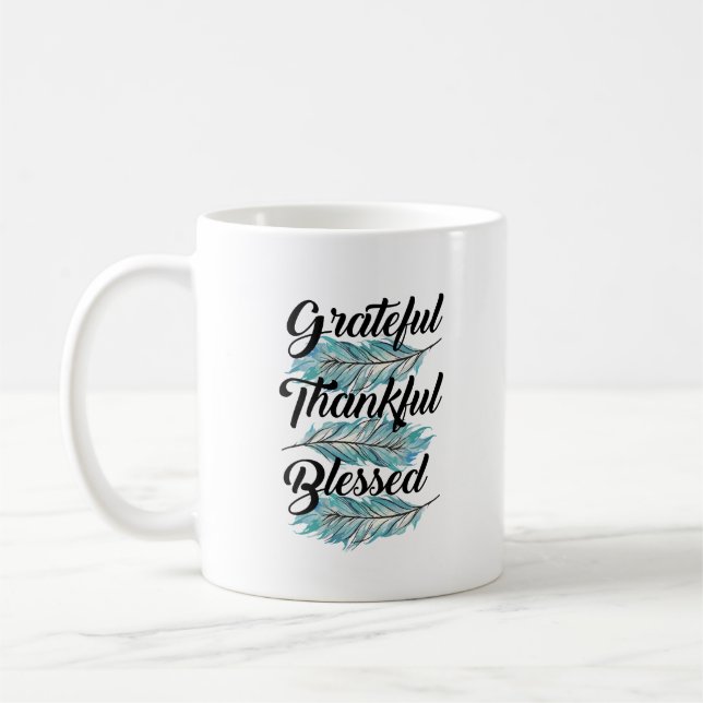 Caneca De Café penas teal grato pílula abençoada graças (Esquerda)