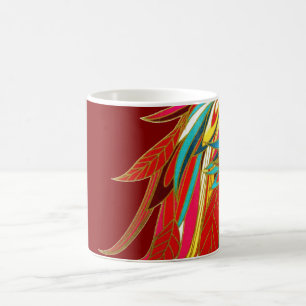 Caneca De Café Penas Tribais Exóticas Coloridas Vermelhas