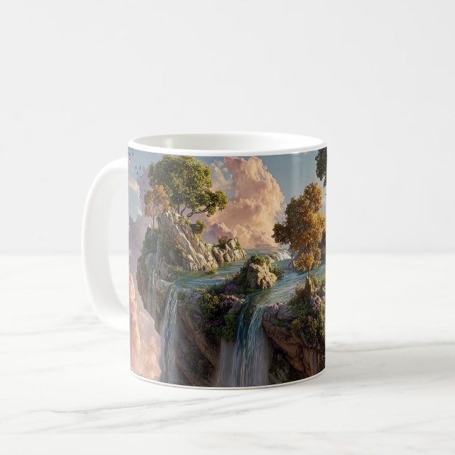 Caneca De Café Penhascos Surreais Flutuantes Com Cachoeiras (Frente Esquerda)