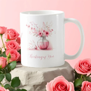 Caneca De Café Pensando em Você Flores Rosa e Vaso Simpatia