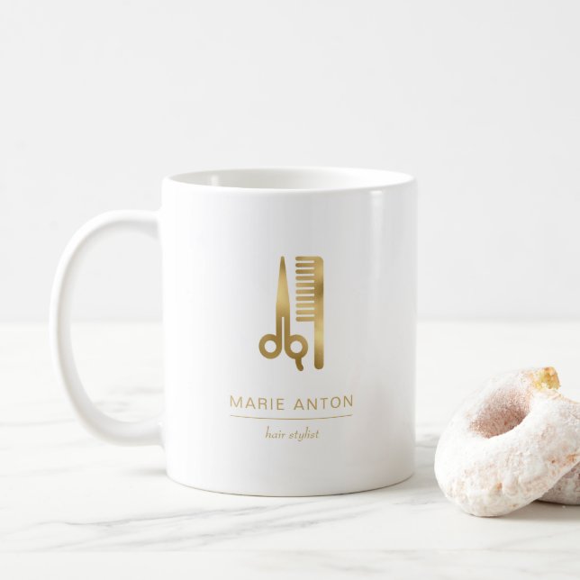 Caneca De Café Pente de Tesoura Dourada Chic Stylist (Com Donut)