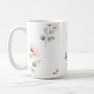 Caneca De Café Peônia Eucalipto Floral Delicada em Aquarela