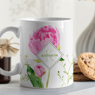 Caneca De Café Peônia Rosa e Margarida Monograma Ilustrado