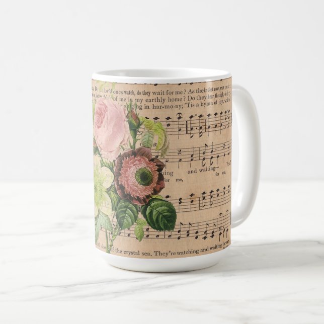 Caneca De Café Peônias Vintage & Partituras (Frente Esquerda)
