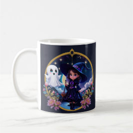 Caneca De Café Pequena bruxa com olhos grandes e brilhantes.