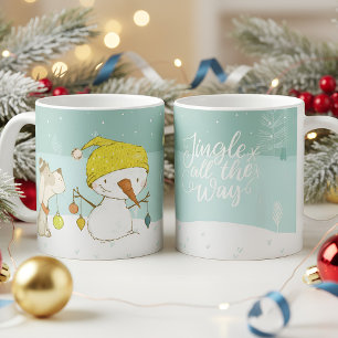 Caneca De Café Pequeno boneco de neve e cachorro na cena de inver