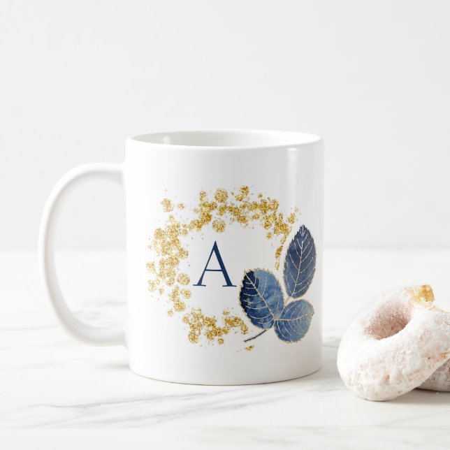 Caneca De Café Pequeno e Dourado Faísca e Folha Azul Nome do Mono (Com Donut)