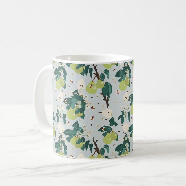 Caneca De Café Peras e Abelhas num Jardim Botânico Floral (Frente Esquerda)