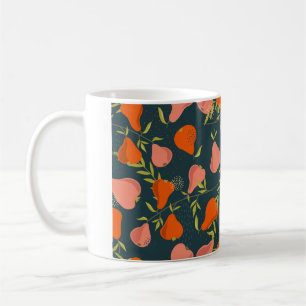 Caneca De Café Peras e folhas de fundo. Sobreposição desenhada