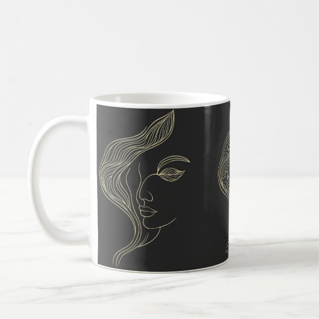 Caneca De Café Perfil de Mulher Folha Arte Linear Elegante (Esquerda)
