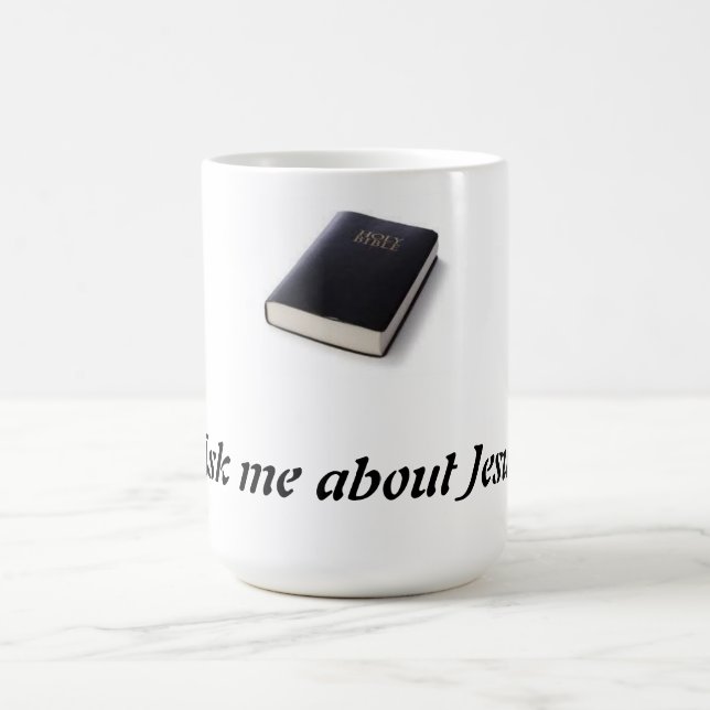 Caneca De Café Pergunte-me sobre Jesus com bíblia (Centro)