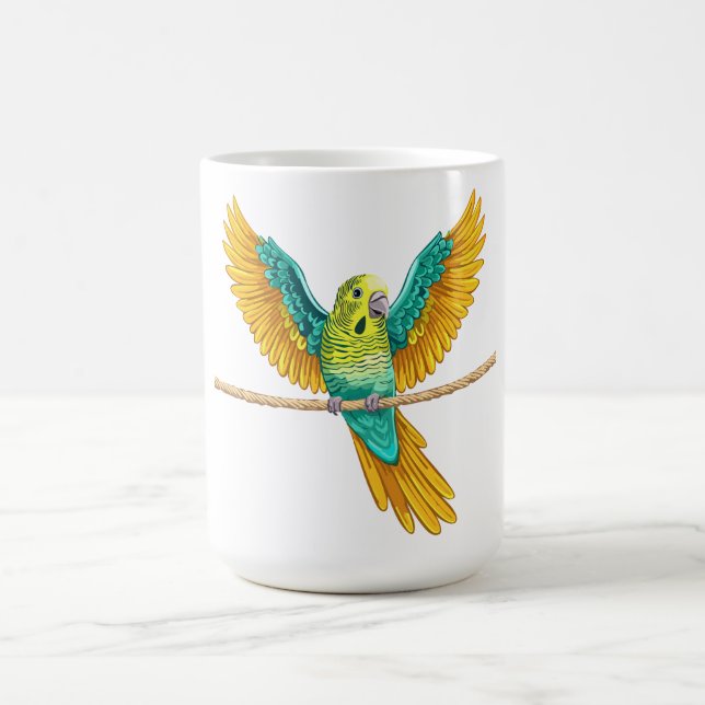 Caneca De Café Periquito sentado em uma corda com asas abertas (Centro)
