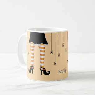 Caneca De Café Pernas de Bruxa Laranja e Aranhas com Nome Hallowe