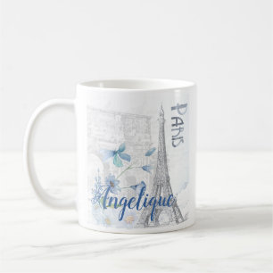 Caneca De Café Personalização das Flores Azuis e Cena de Paris