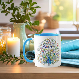 Caneca de café personalizada com pavão floral em a