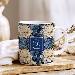 Caneca de Café Personalizada Flores de Marfim Azul