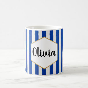 Caneca De Café Personalizado Azul e Branco Listrado