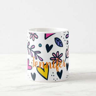 Caneca De Café Personalizar Flor e Corações Coloridos