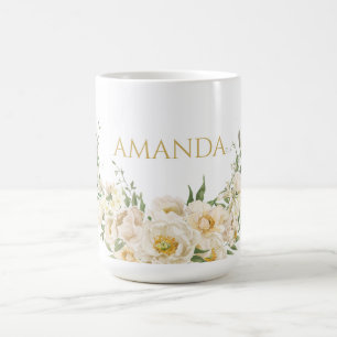 Caneca De Café Personalizar nome Dourado e flor branca