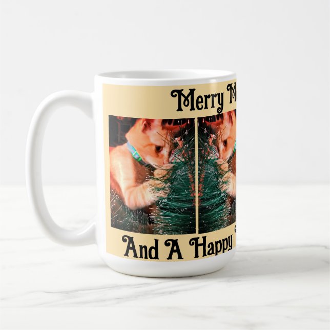Caneca De Café Personalizar texto de foto de Natal de gato (Esquerda)