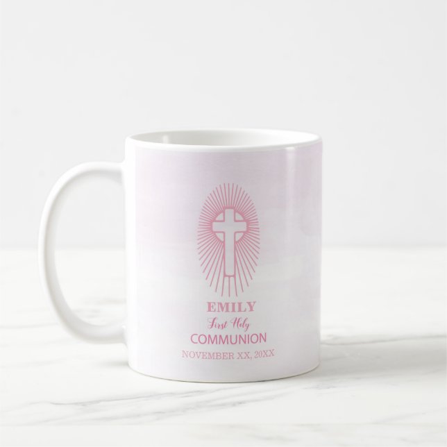 Caneca De Café Personalize, Cruz da Primeira Comunhão Rosa Hóstia (Esquerda)