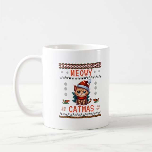 Caneca De Café Personalize Este Design: Meowy Catmas Gato Natal  (Esquerda)