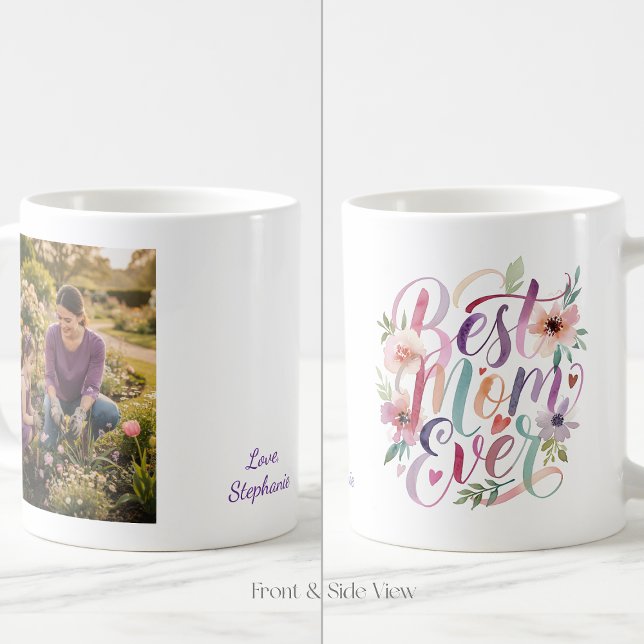 Caneca De Café Personalized Best Mom Ever Floral Garden Photo (Criador carregado)
