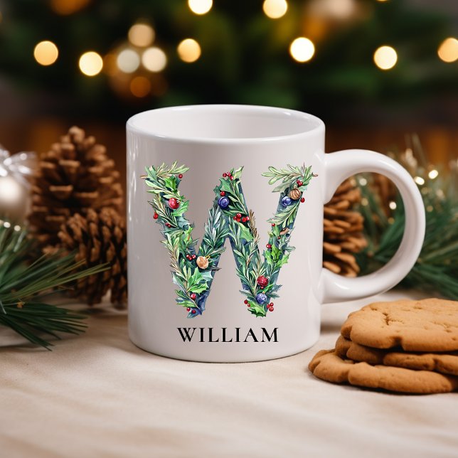 Caneca De Café Personalized Botanical Christmas Monogram Letter W (Personalized Botanical Christmas Monogram Letter W Coffee Mug)