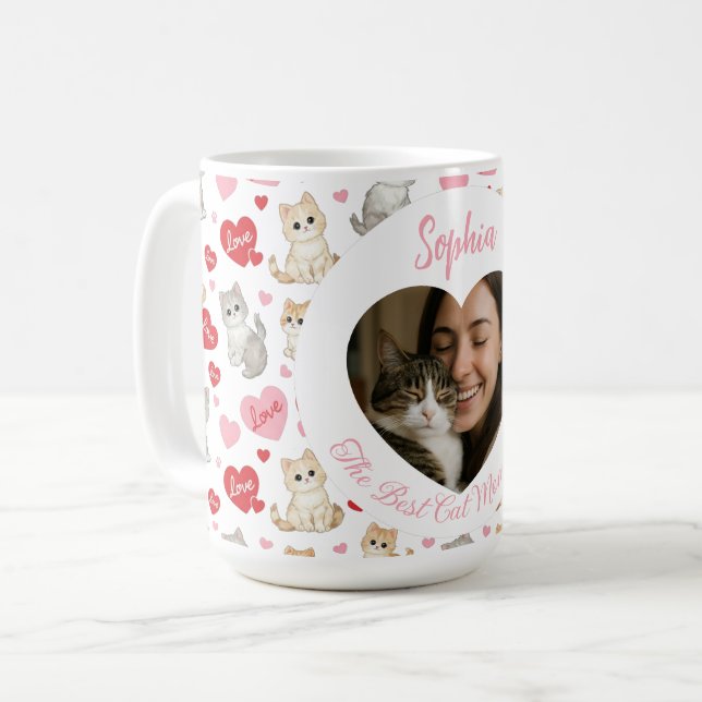 Caneca De Café Personalized Cat Mom Mug | Custom Photo and Name (Frente Esquerda)