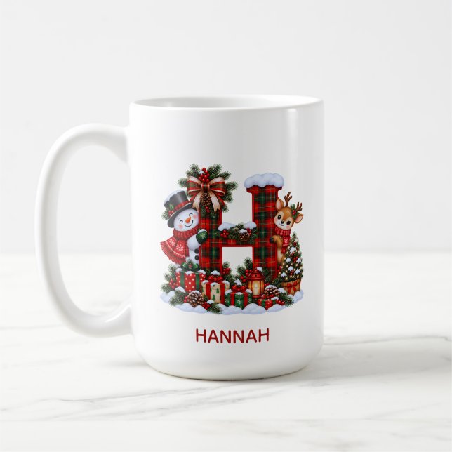 Caneca De Café Personalized Christmas Monogram Mug Snowman Reinde (Esquerda)
