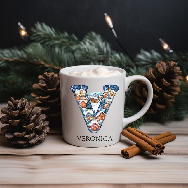 Caneca De Café Personalized Christmas Winter Village Monogram V (Personalized Christmas Winter Village Monogram V Coffee Mug)