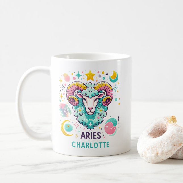Caneca De Café Personalized Colorful Aries Zodiac Astrology Sign (Com Donut)
