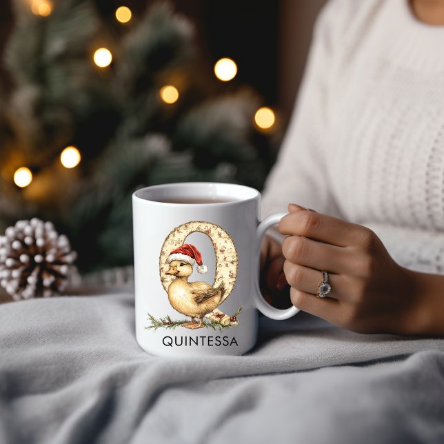 Caneca De Café Personalized Cute Baby Duck in Santa Hat Letter Q (Personalized Cute Baby Duck in Santa Hat Letter Q Coffee Mug)