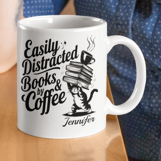 Caneca De Café Personalized Easily Distracted By Books & (Bookworms coffee mug with a cat )