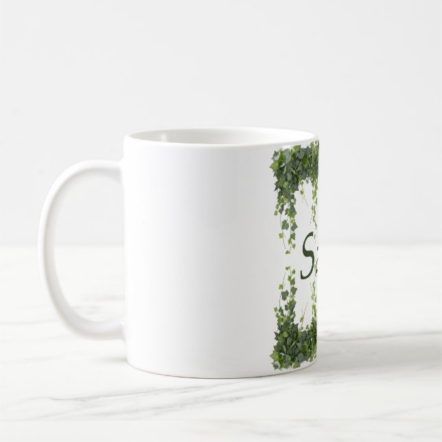 Caneca De Café Personalized Elegant Green Ivy Botanical Frame Cus (Esquerda)