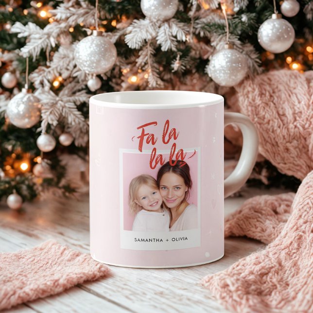 Caneca De Café Personalized Fa La La La Pink Christmas Photo (Criador carregado)