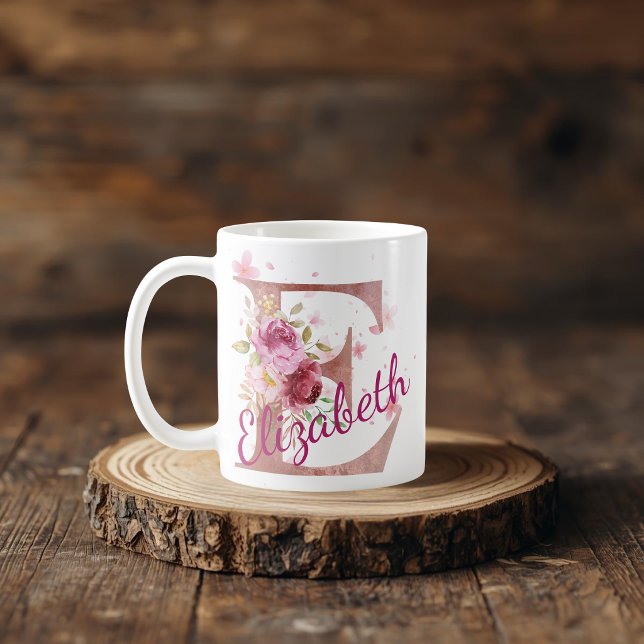 Caneca De Café Personalized Floral Initial Mug – Letter E (Criador carregado)