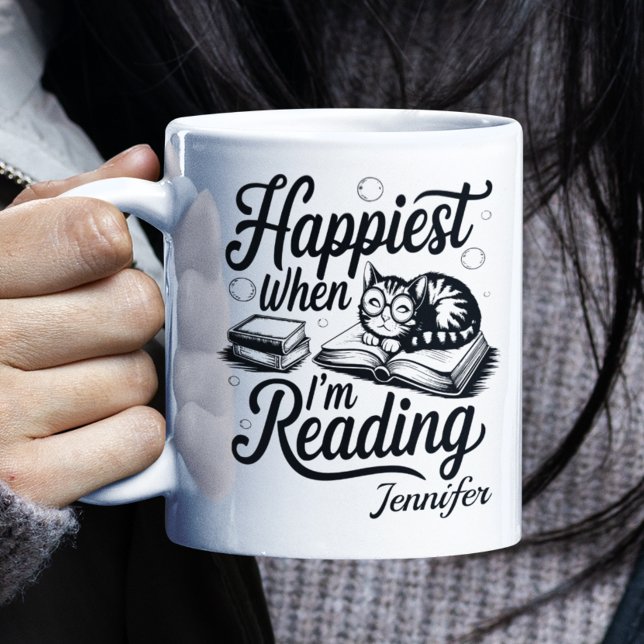 Caneca De Café Personalized Happiest When I'm Reading Bookworm (Happiest when I'm reading mug close up)