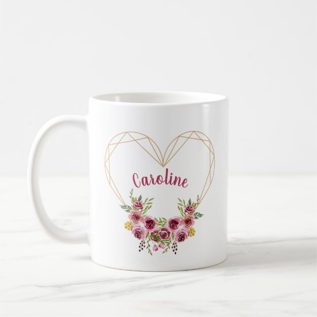 Caneca De Café Personalized Heart & Flowers Romantic Mug (Esquerda)
