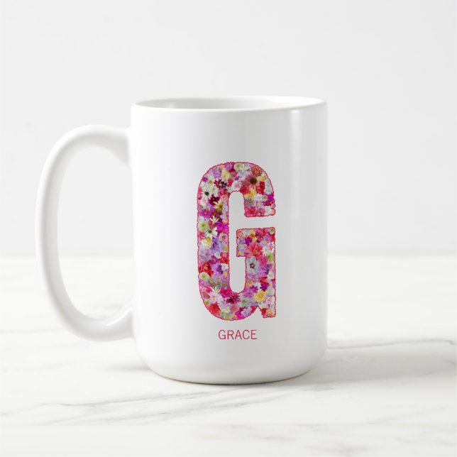 Caneca De Café Personalized Initial | Floral Letter G Monogram  (Esquerda)