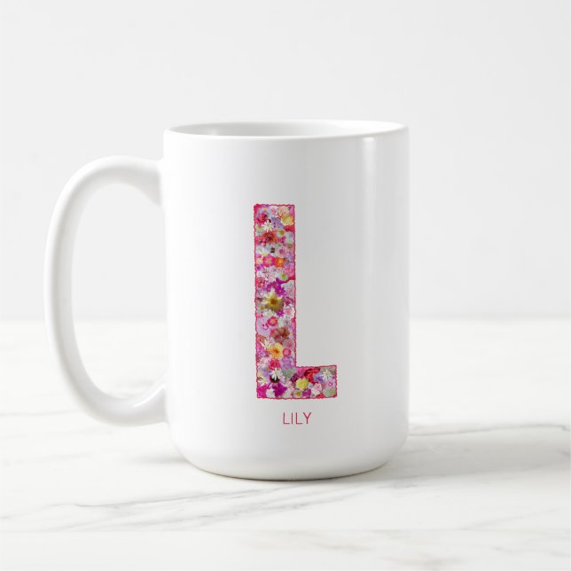 Caneca De Café Personalized Initial | Floral Letter L Monogram  (Esquerda)