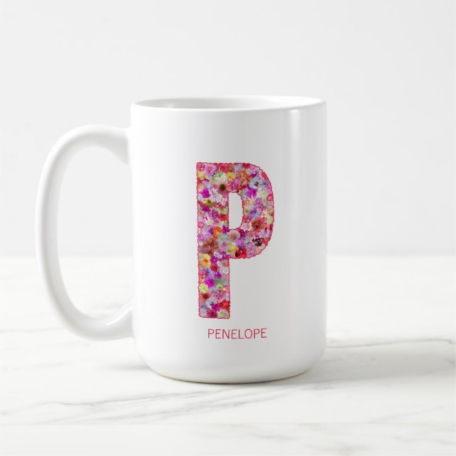 Caneca De Café Personalized Initial | Floral Letter P Monogram  (Esquerda)