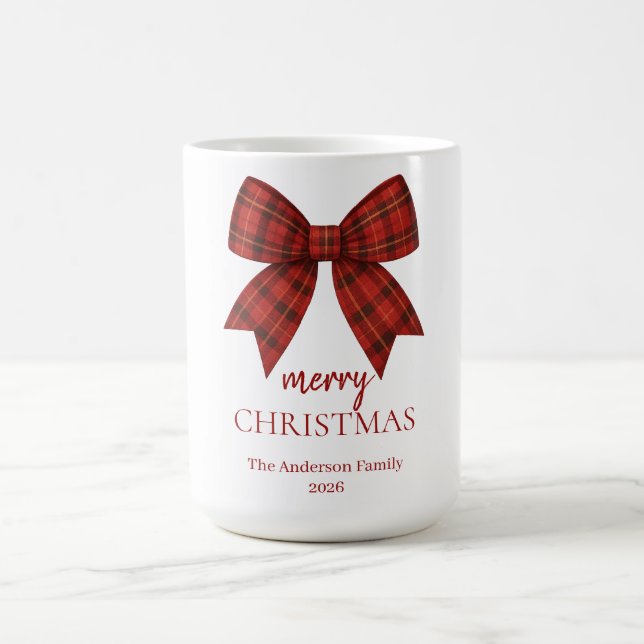 Caneca De Café Personalized Merry Christmas | Red Plaid Bow (Centro)