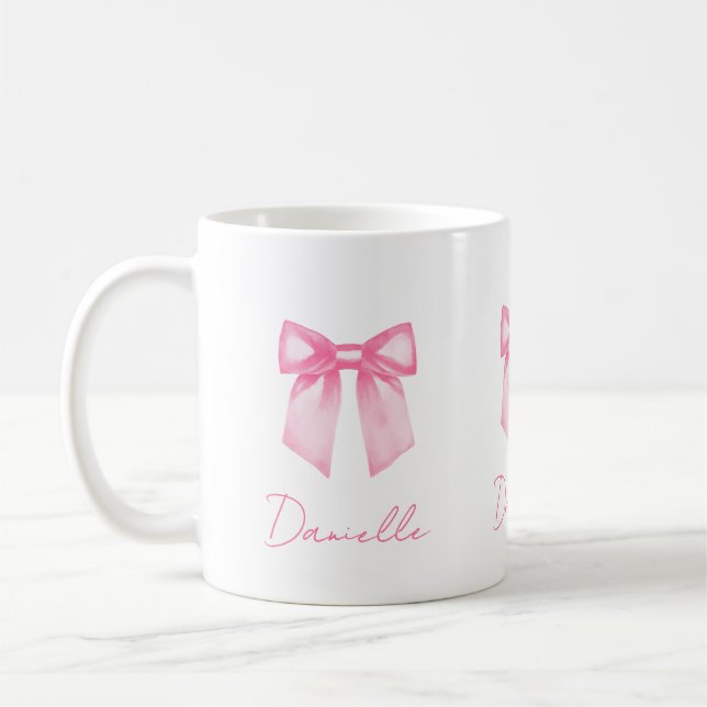 Caneca De Café Personalized Modern Elegant Pink Bow Name Mug (Esquerda)