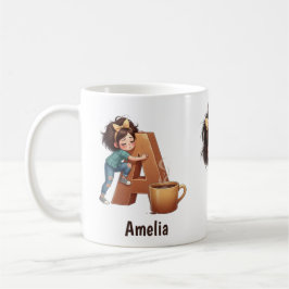 Caneca De Café Personalized Name & A Sleepy Morning Plaid Charact