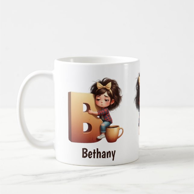Caneca De Café Personalized Name & B Sleepy Morning Plaid Charact (Esquerda)