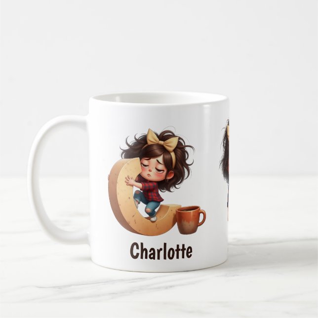 Caneca De Café Personalized Name & C Sleepy Morning Plaid Charact (Esquerda)