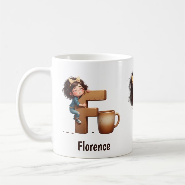Caneca De Café Personalized Name & F Sleepy Morning Plaid Charact (Esquerda)