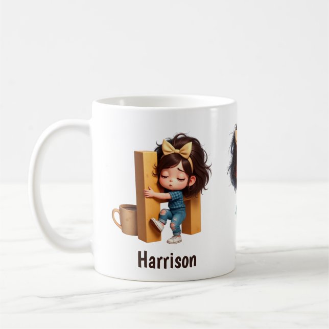 Caneca De Café Personalized Name & H Sleepy Morning Plaid Charact (Esquerda)