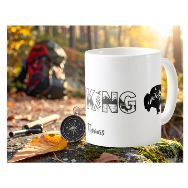Caneca De Café Personalized Name Hiker Nature Buffalo B&W (Criador carregado)